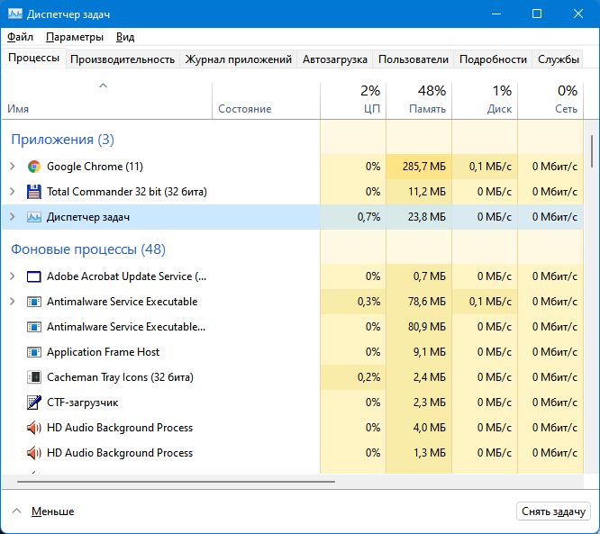 Task manager in Win 11