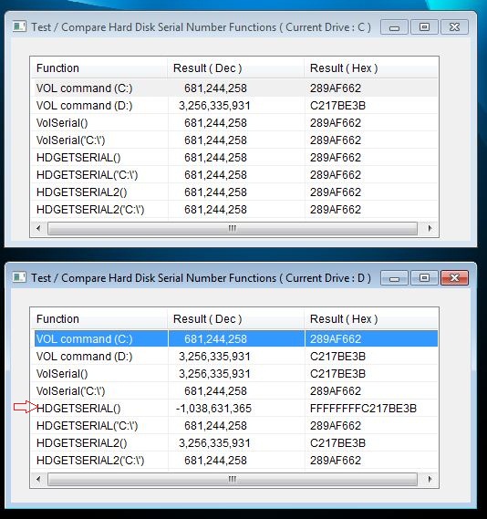 Screen shoot of comparison HD Serial number functions