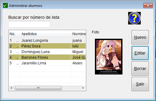ventana administrar alumnos